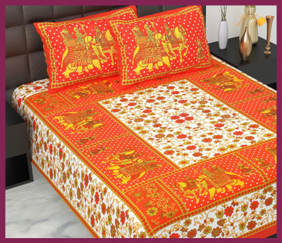 JAIPUR PRINTS Cotton Double Flat 210 TC Jaipuri Prints Bedsheet(Pack of 1, Orange)