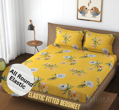 PATNOS 240 TC Microfiber King Abstract Fitted (Elastic) Bedsheet(Pack of 1, Yellow)