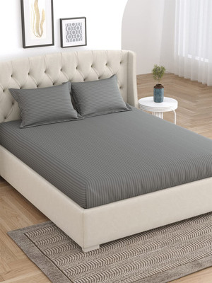 LINENWALAS 210 TC Cotton Single Striped Fitted (Elastic) Bedsheet(Pack of 1, Grey)