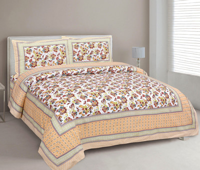 Loroco Cotton King Flat 108 TC Floral Bedsheet(Pack of 1, Yellow)