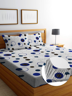 RisingStar 250 TC Cotton King Printed Fitted (Elastic) Bedsheet(Pack of 1, FITTED_Dark_White Circle)