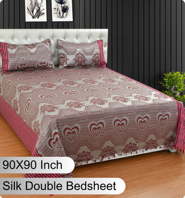 Mithan 280 TC Silk Double Abstract Flat Bedsheet(Pack of 1, Silk Bedsheet with 2 Pillow cover-Red)