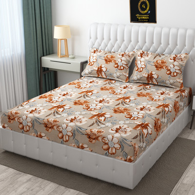GLORIES 210 TC Cotton Double Printed Fitted (Elastic) Bedsheet(Pack of 1, Beige-flower)