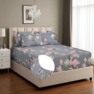 ikaan décor Cotton Double Fitted (Elastic) 240 TC Floral Bedsheet(Pack of 1, Grey)