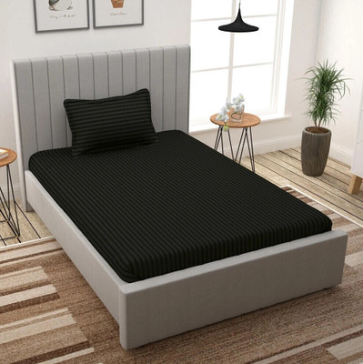EVAN 300 TC Cotton Single Striped Fitted (Elastic) Bedsheet(Pack of 1, Black)