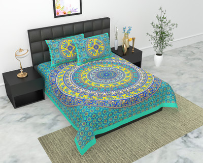 Navkar Creation 104 TC Cotton Double Jaipuri Prints Flat Bedsheet(Pack of 1, Green)