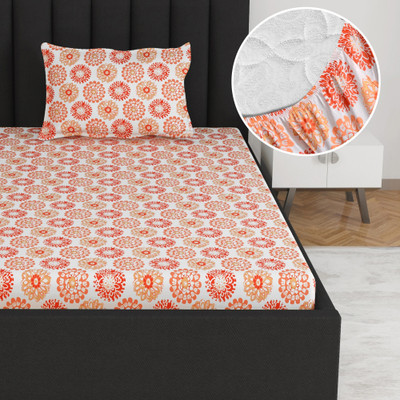 Divine Casa Cotton Single Fitted (Elastic) 144 TC Floral Bedsheet(Pack of 1, Pureed Pumpkin)