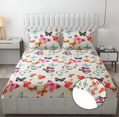 Verma impex Polycotton Double Fitted (Elastic) 270 TC 3D Printed Bedsheet(Pack of 1, White)