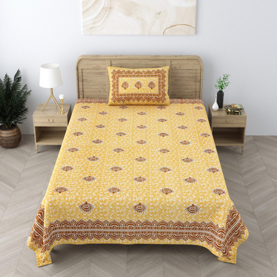 EasyGoods 240 TC Cotton Single Jaipuri Prints Flat Bedsheet(Pack of 1, Yellow)