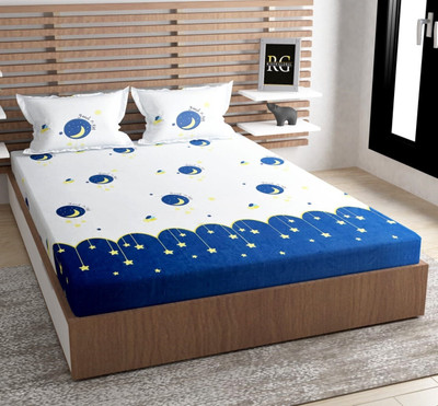 homester home 220 TC Microfiber King 3D Printed Fitted (Elastic) Bedsheet(Pack of 1, White, Blue)