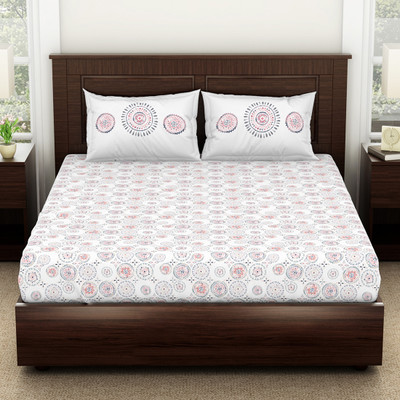 SPACES Cotton Double Flat 144 TC Geometric Bedsheet(Pack of 1, BRILLIANT WHITE)