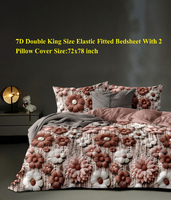 Laying Style Polycotton King Fitted (Elastic) 400 TC Floral Bedsheet(Pack of 1, 7D Double King Size Elastic Fitted Bedsheet with 2 Pillow Cover 90x100 inch)