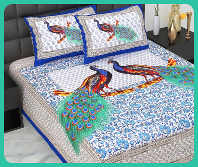 JAIPUR PRINTS Cotton Double Flat 210 TC Jaipuri Prints Bedsheet(Pack of 1, Blue)