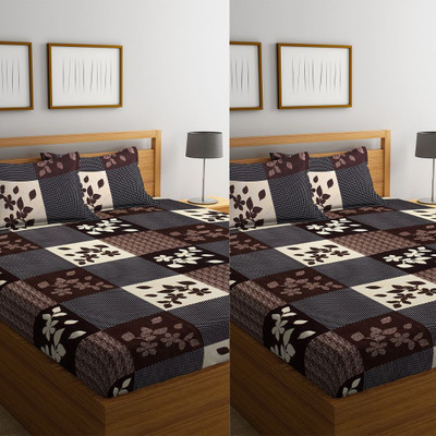 Fashion String 144 TC Microfiber Double Printed Flat Bedsheet(Pack of 2, Design 4: Brown)
