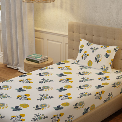 Urban Space Cotton Single Flat 200 TC Floral Bedsheet(Pack of 1, Radiance White)