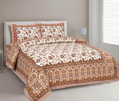 CLOTHOLOGY Cotton King Flat 240 TC Jaipuri Prints Bedsheet(Pack of 1, BROWN,YELLOW)