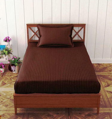HOMECROWN 300 TC Microfiber Single Striped Fitted (Elastic) Bedsheet(Pack of 1, Brown)