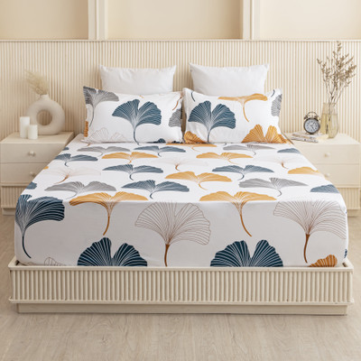 HOMEMONDE 210 TC Cotton Single Printed Fitted (Elastic) Bedsheet(Pack of 1, Mustard & Grey)