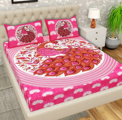 Manshar Cotton Double Flat 144 TC Jaipuri Prints Bedsheet(Pack of 1, Pink)