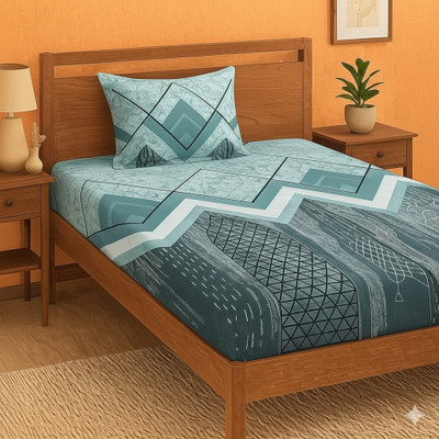 Matangeez Cotton Blend Single Fitted (Elastic) 260 TC Striped Bedsheet(Pack of 1, Grey)