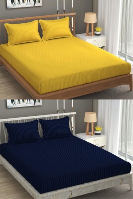 VORDVIGO 300 TC Satin Double Striped Fitted (Elastic) Bedsheet(Pack of 2, Yellow & Blue)