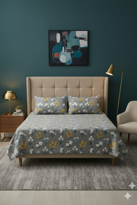 parth international Cotton Blend Double Fitted (Elastic) 300 TC Floral Bedsheet(Pack of 1, Grey, Yellow)