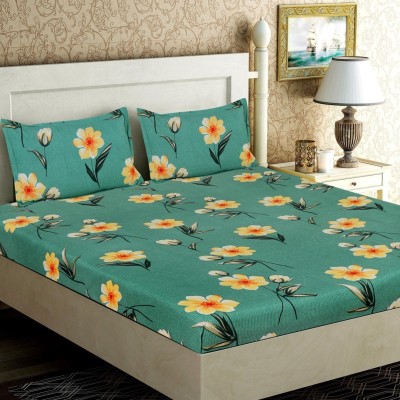 VORDVIGO 220 TC Cotton Queen Floral Fitted (Elastic) Bedsheet(Pack of 1, Green)