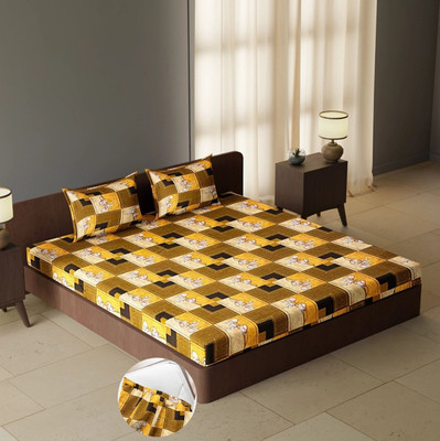 CARLTON LONDON 104 TC Cotton Queen Geometric Fitted (Elastic) Bedsheet(Pack of 1, Multicolor85)