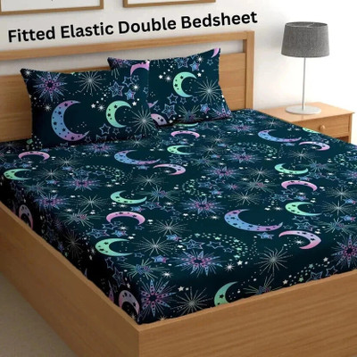 RisingStar 250 TC Cotton Double Printed Fitted (Elastic) Bedsheet(Pack of 1, Black)
