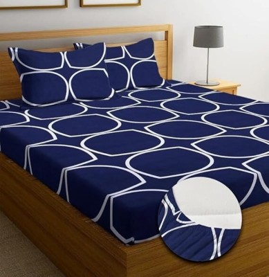 Akshra Loomtex 250 TC Cotton, Polyester King Printed Fitted (Elastic) Bedsheet(Pack of 1, Dark Blue)