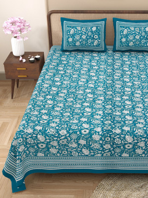 CLOTHOLOGY Cotton King Flat 240 TC Jaipuri Prints Bedsheet(Pack of 1, Turquish Blue & White)