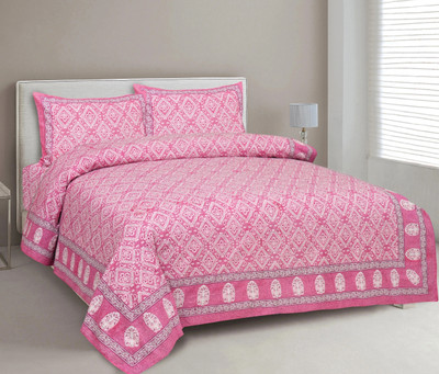 CLOTHOLOGY Cotton King Flat 240 TC Jaipuri Prints Bedsheet(Pack of 1, PINK,WHITE,PURPLE)