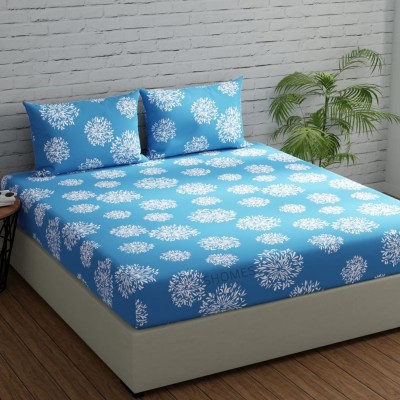 SHOMES 250 TC Cotton Double, Queen, King Geometric Fitted (Elastic) Bedsheet(Pack of 1, Blue)