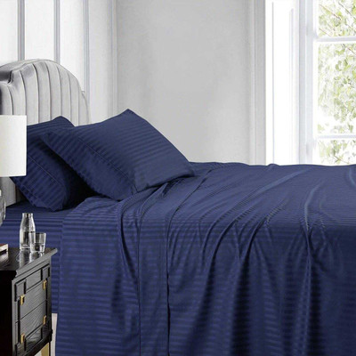 TUNDWAL'S 210 TC Microfiber Double Striped Flat Bedsheet(Pack of 1, Navy Blue)