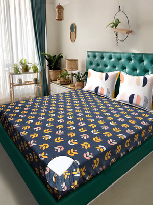 Klotthe 300 TC Polycotton King Printed Fitted (Elastic) Bedsheet(Pack of 1, Blue)