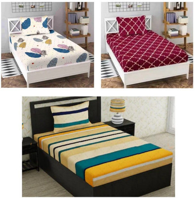 kaku handloomm Cotton Single Flat 104 TC 3D Printed Bedsheet(Pack of 3, Pink, Blue, Grey)