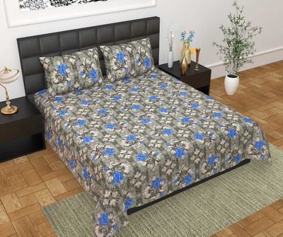 Satnam Prints Cotton Double Flat 144 TC Floral Bedsheet(Pack of 1, Grey & Blue)