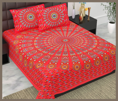 BedZone Cotton Double Flat 240 TC Jaipuri Prints Bedsheet(Pack of 1, Red)