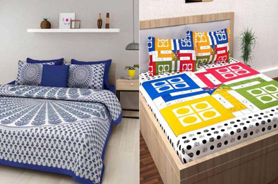 KANDY SHOP Cotton Double Flat 250 TC Jaipuri Prints Bedsheet(Pack of 1, multi & blue white)