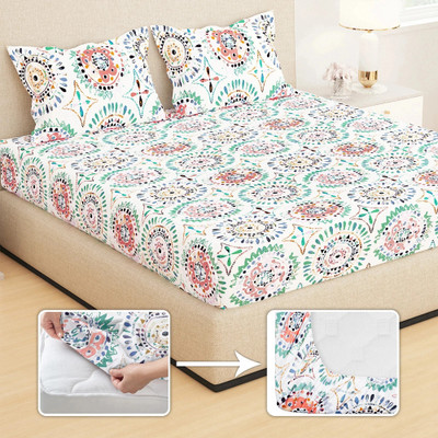 Story@home 210 TC Microfiber King Printed Fitted (Elastic) Bedsheet(Pack of 1, White, Peach)