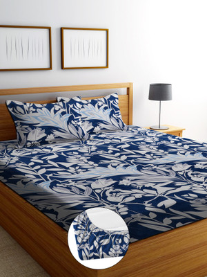 EXFAB 244 TC Cotton Double Printed Fitted (Elastic) Bedsheet(Pack of 1, Blue Jhadu)