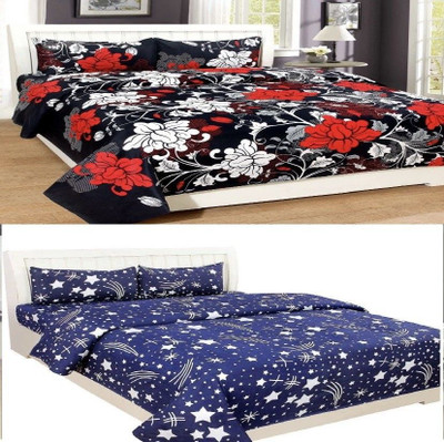HSR Collection Cotton Double Flat 210 TC Printed Bedsheet(Pack of 2, BLUE FLOWERS AND BLUE STAR)