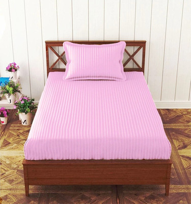 HOMYBEES Cotton Single Flat 210 TC Striped Bedsheet(Pack of 1, Pink)