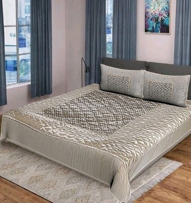 SINRAMP Satin Double Bed Cover(Beige, 1 Bed sheet, 2 Pillow Covers)