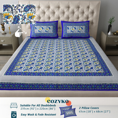 COZYKO 144 TC Cotton Double Jaipuri Prints Flat Bedsheet(Pack of 1, Blue)