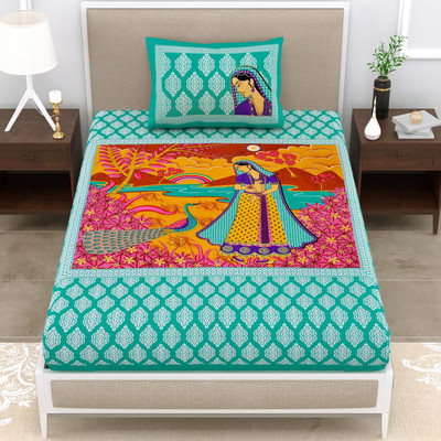 Rangun 120 TC Cotton Single Jaipuri Prints Flat Bedsheet(Pack of 1, Blue)