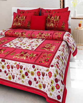 PinkCity Style Cotton Double Flat 200 TC Printed Bedsheet(Pack of 1, Red)