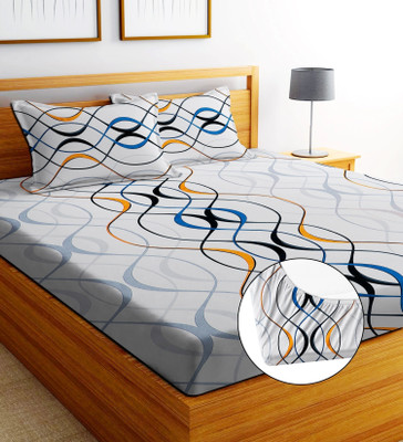 Moonroof Cotton King Fitted (Elastic) 255 TC Printed Bedsheet(Pack of 1, WHITE CHALLA)