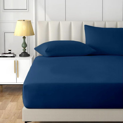 Timeless Trends Cotton Double Fitted (Elastic) 600 TC Solid Bedsheet(Pack of 1, Navy Blue)