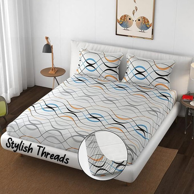 ARDM 210 TC Cotton Double Abstract Fitted (Elastic) Bedsheet(Pack of 1, White)